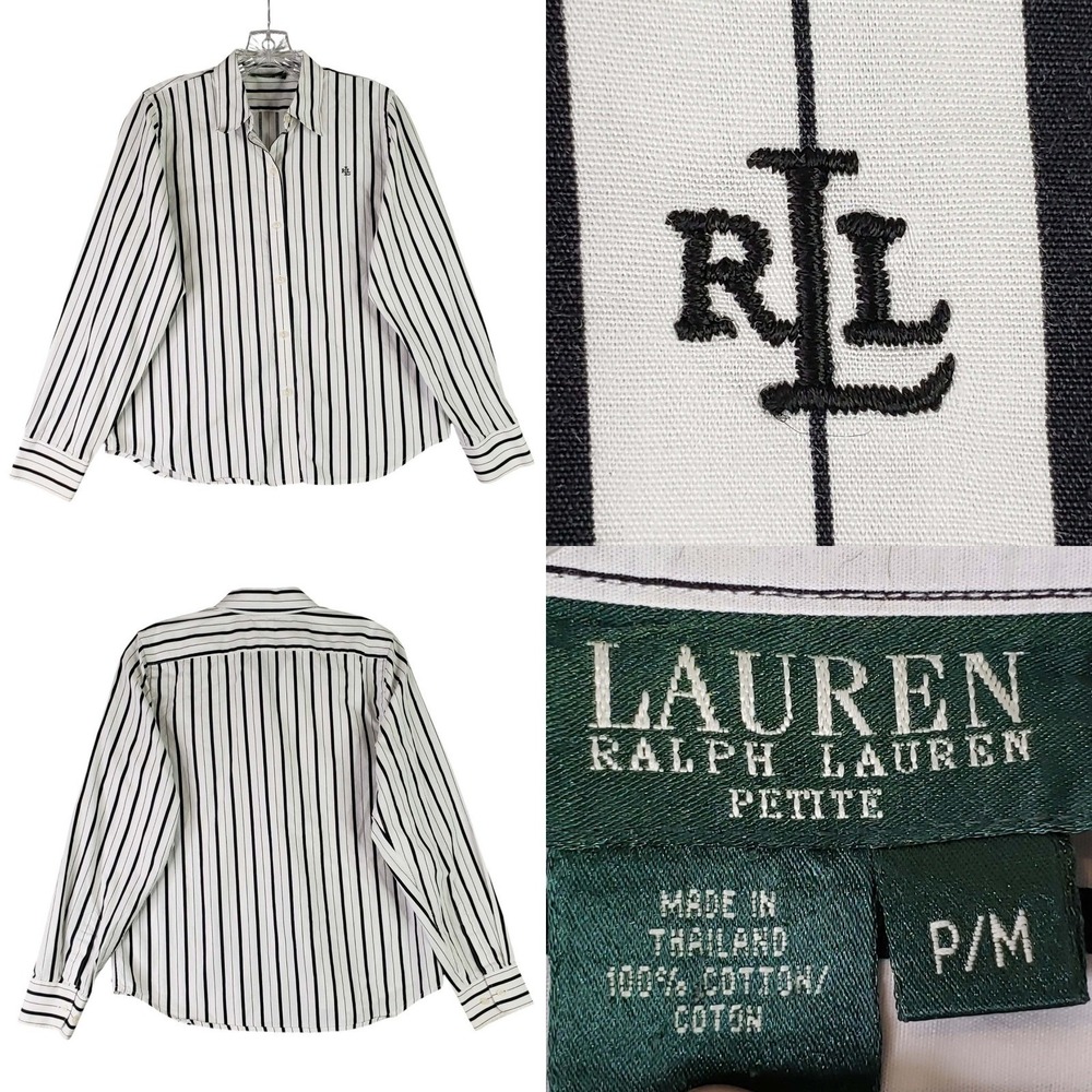 Lauren Ralph Lauren Striped Button Down Shirt Women PM Black White Cotton